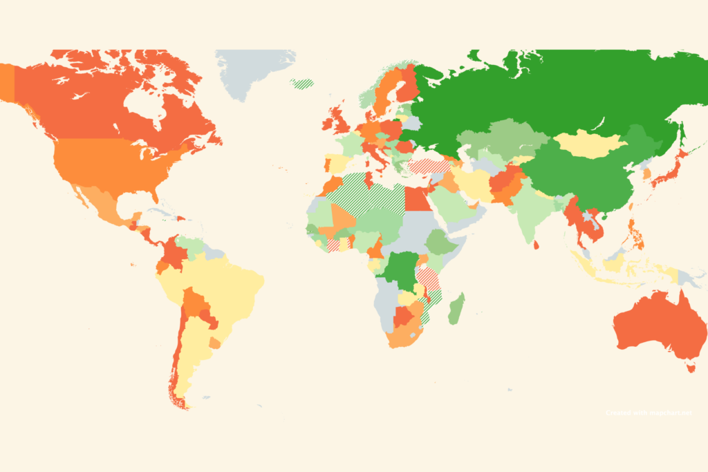 World map displaying levels of giving growth since 2020.