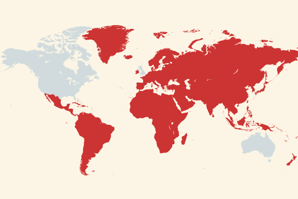 A world map highlighting all the locations where Facebook Fundraising is not available.